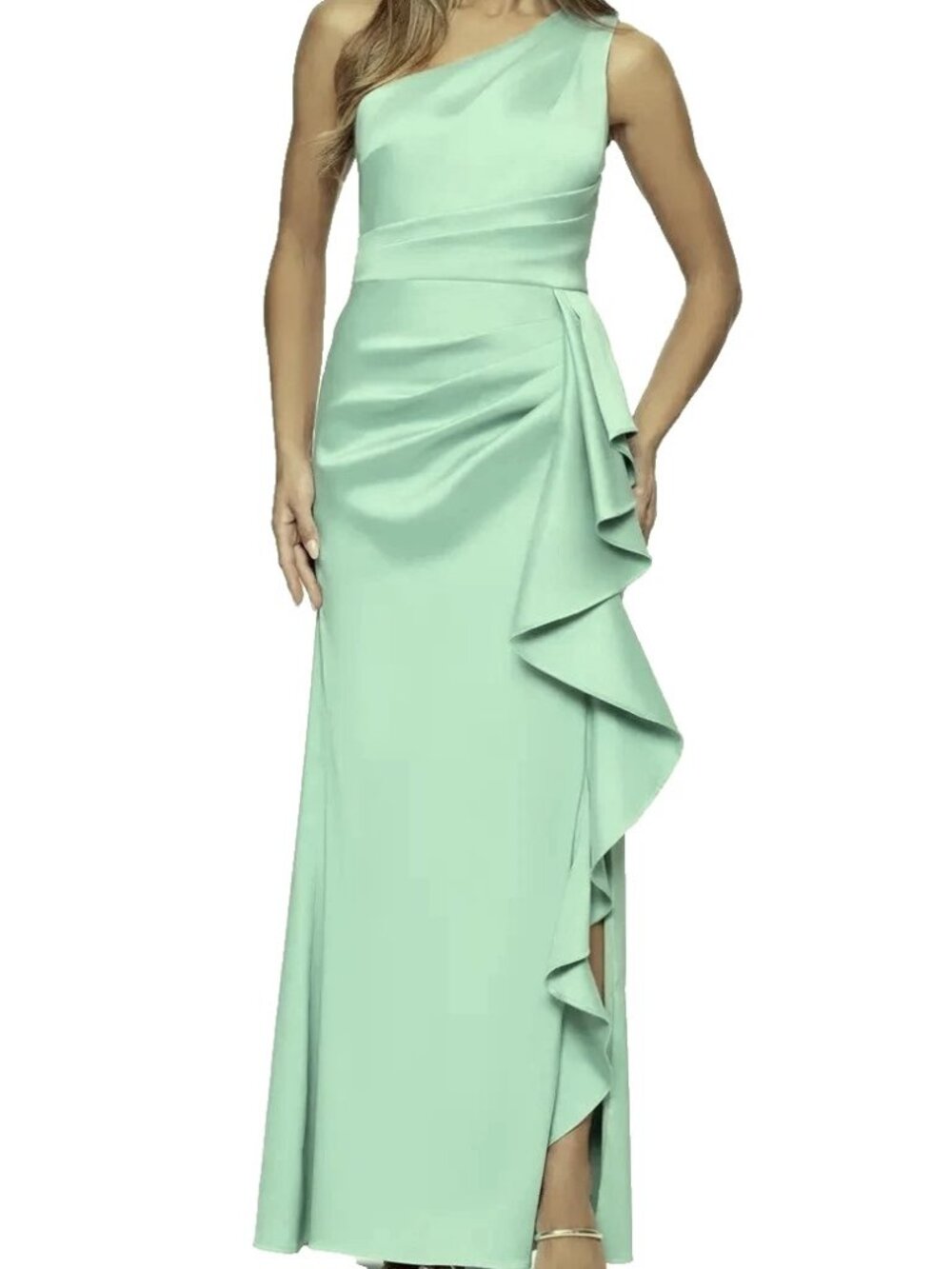 Xscape Sage Green Ruffle Detail One-Shoulder Mikado Sheath Gown